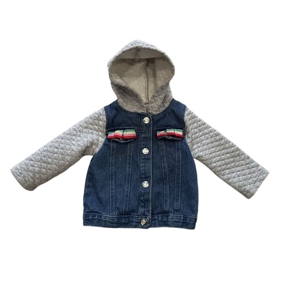 Little Lass Other - Little Lass Toddler Denim Jacket Quilted Sleeves Hood Rainbow Accents Size 24M